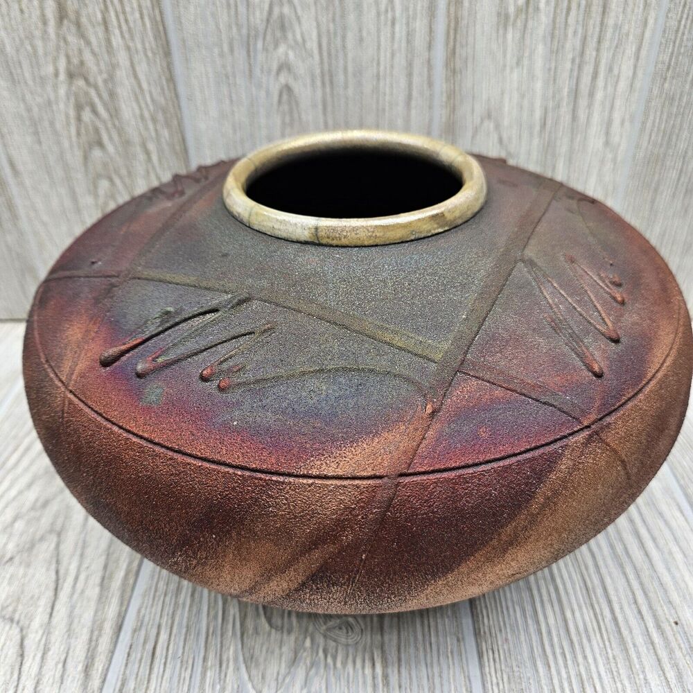 R. Kevin Kelley Signed‎ Raku Studio Pottery Pot Vase Southwest Native Iridescent